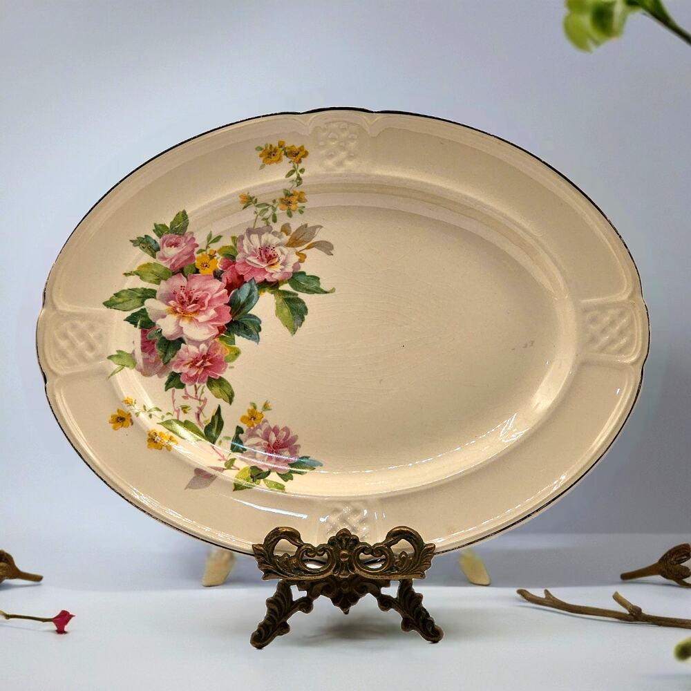 Vintage Paden City Pottery Pink Floral Oval Serving Platter Made in USA 1930s